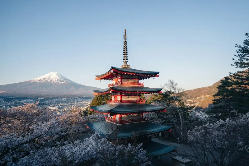 Le mont Fuji et une pagode entourée de cerisiers en fleurs